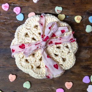 Set of 4 handmade off white ecru crochet cotton drink coasters